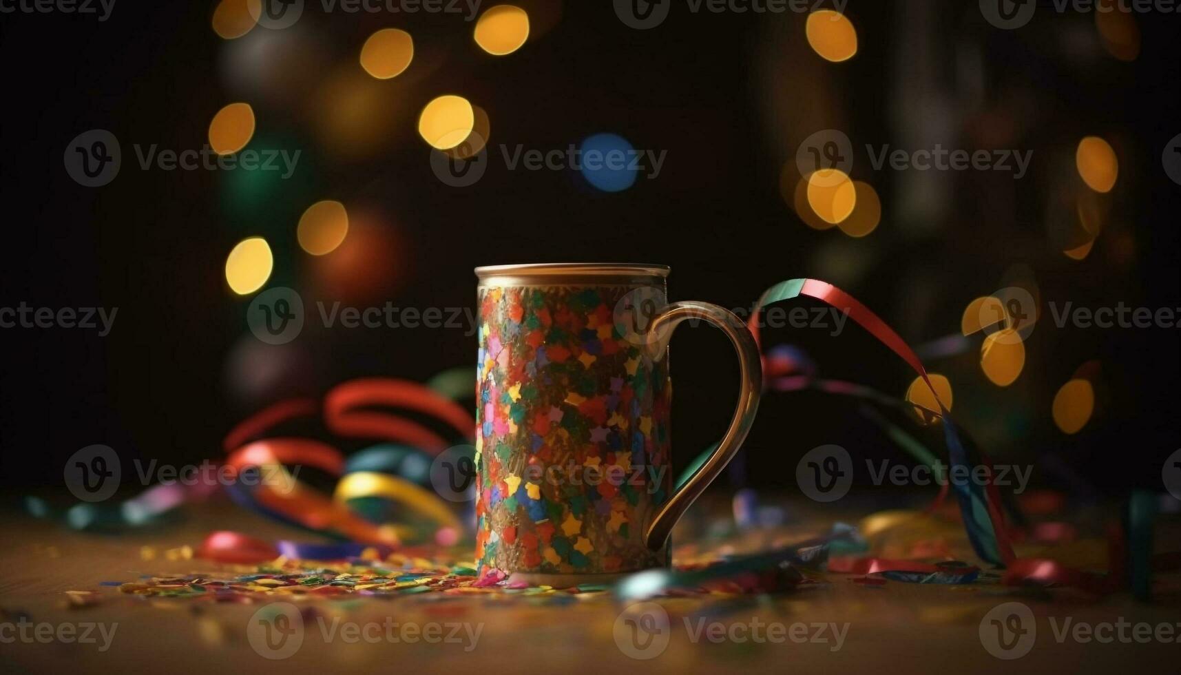 Natale festa luminosa decorazioni, raggiante luci, e festivo bevande flusso generato di ai foto