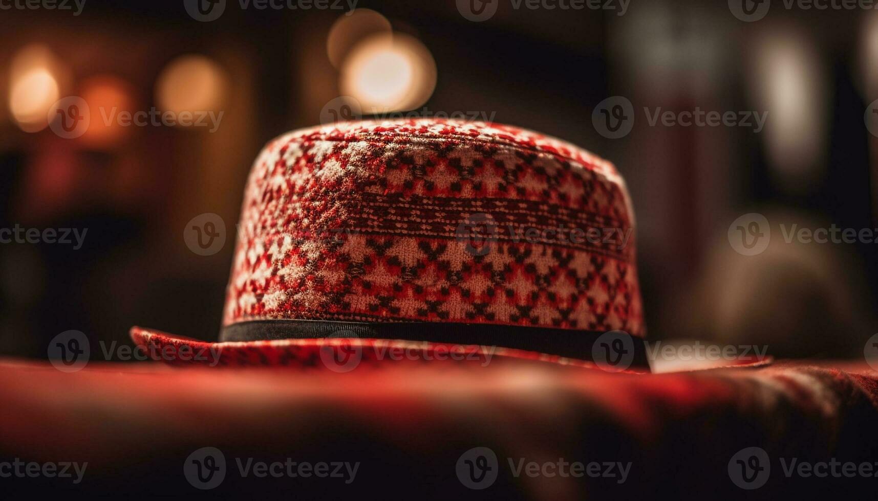 il alla moda fedora e cannuccia cappello decorare il confortevole tavolo generato di ai foto