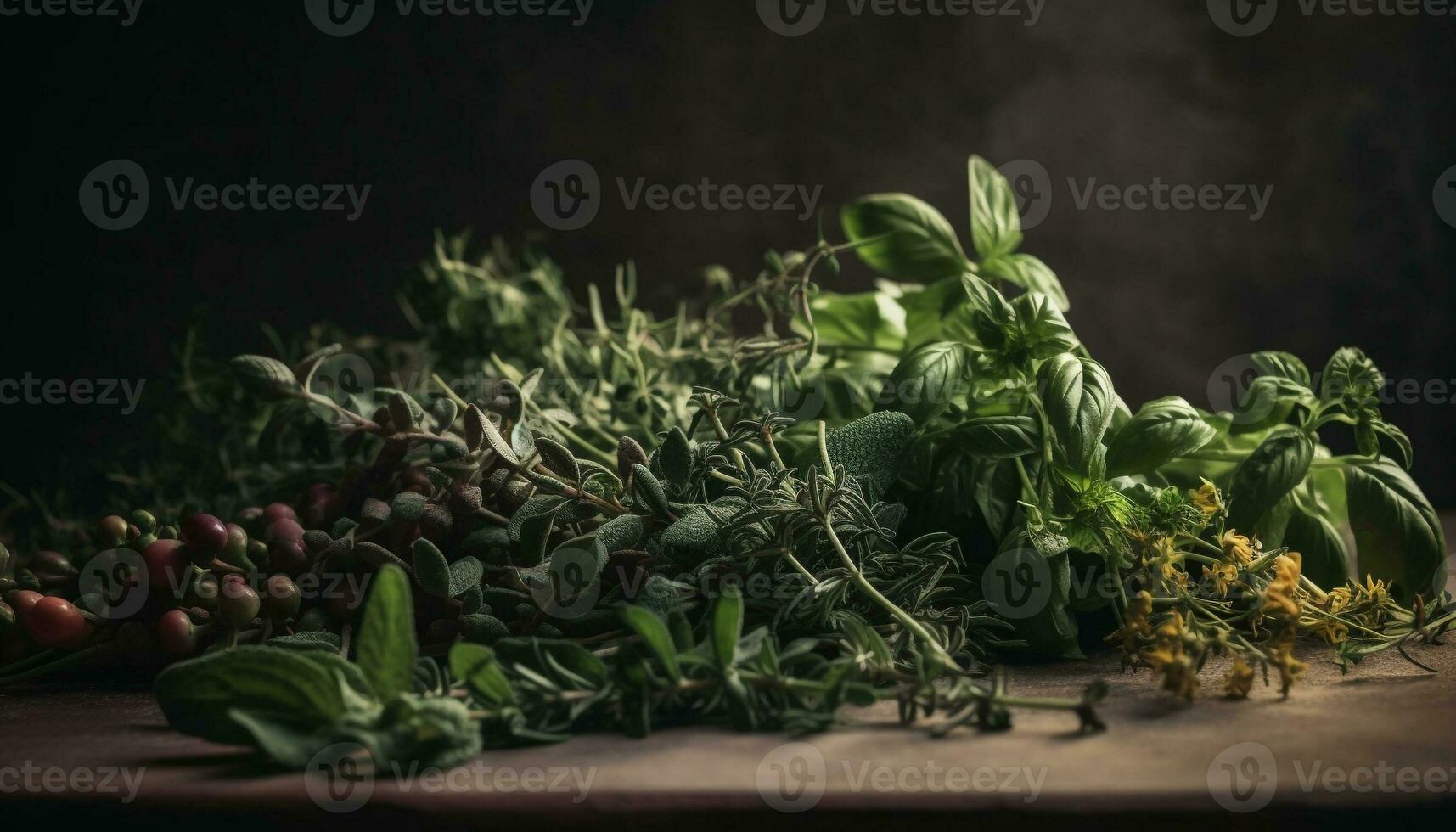 rustico vegetariano insalata con biologico ingredienti, fresco erbe aromatiche e spezie generato di ai foto