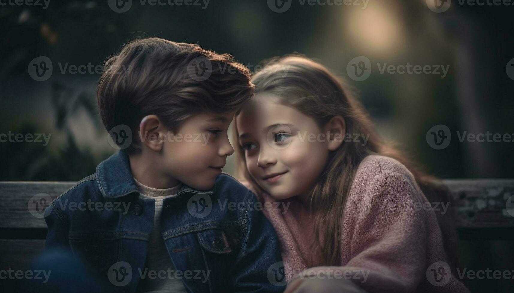 Due allegro caucasico ragazzi seduta all'aperto, sorridente e Abbracciare una persona nel natura generato di ai foto