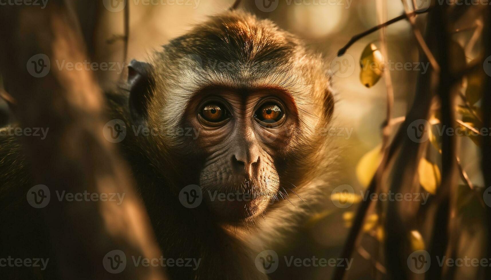 un' carino giovane macaco seduta su un' ramo, fissando avanti generato di ai foto