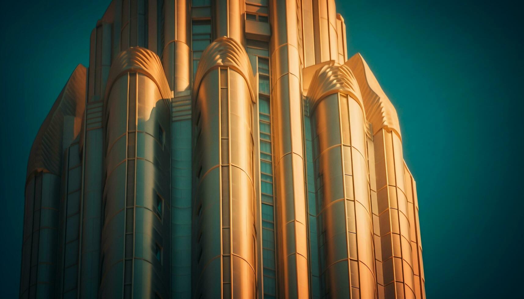 un' futuristico acciaio grattacielo si illumina il notte con giallo riflessi generato di ai foto