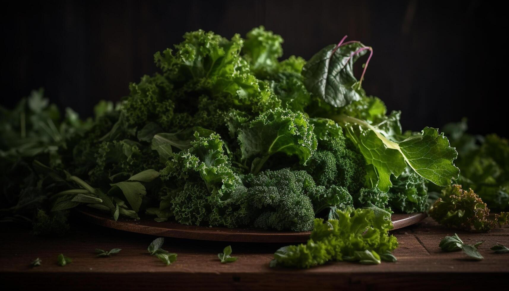 fresco biologico verdura insalata su rustico di legno tavolo per salutare mangiare generato di ai foto