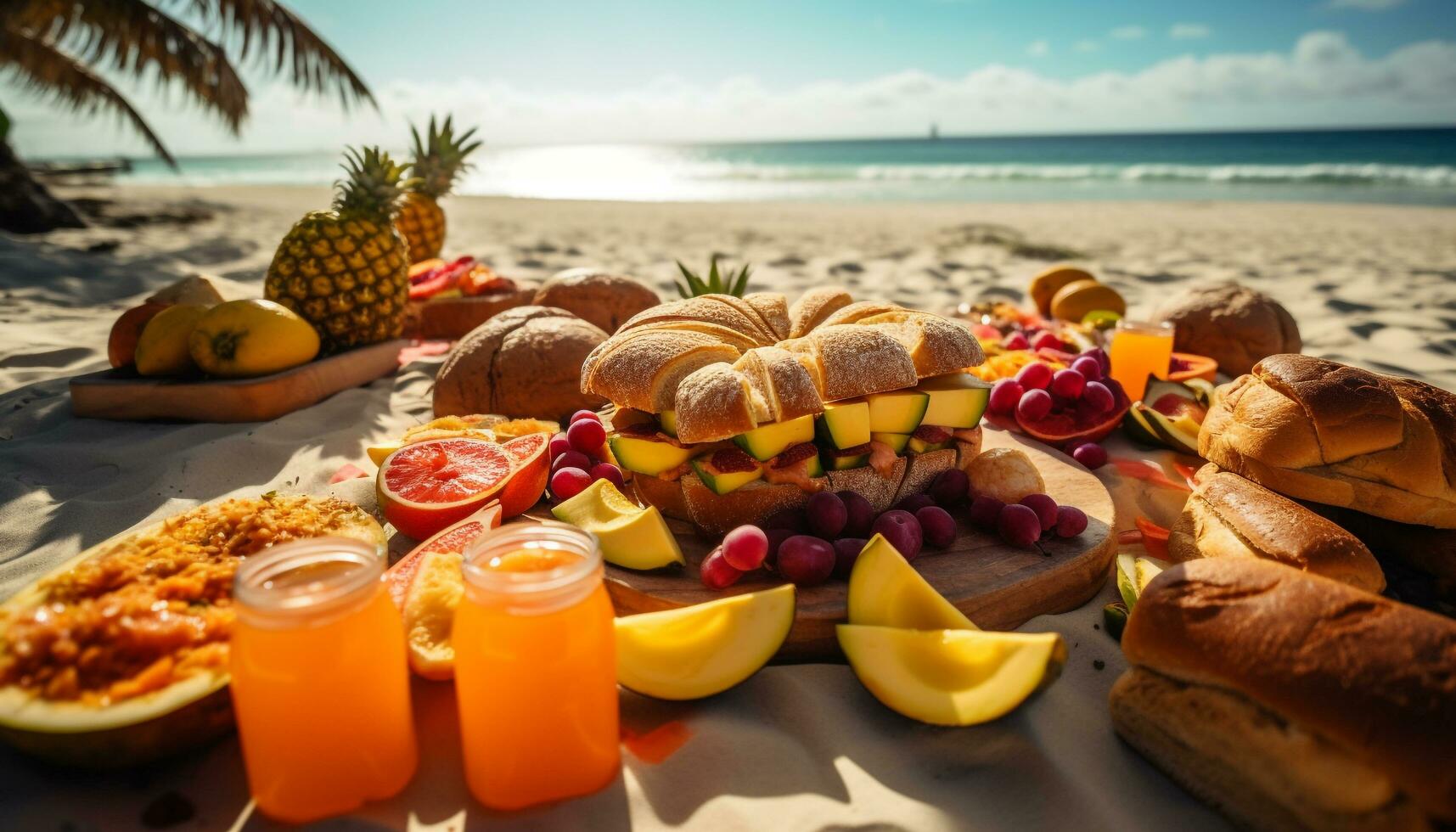 un' buongustaio picnic pasto con grigliato carne, fresco frutta, e dolce dolci generato di ai foto