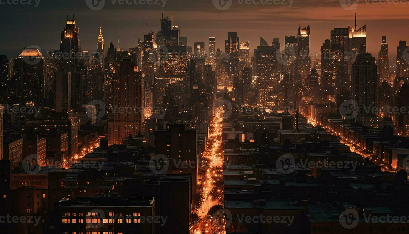 silhouette di grattacieli illuminare città orizzonte a crepuscolo, vivace vita notturna generato di ai foto
