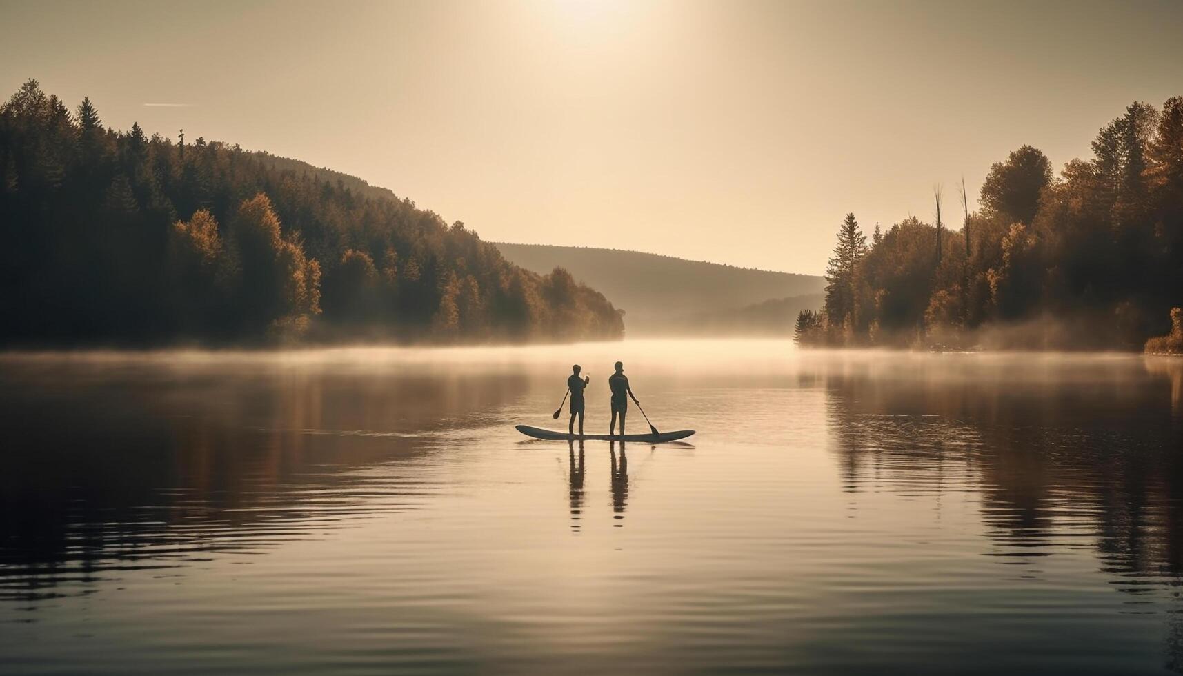 Due uomini paddling un' canoa a tramonto, un' tranquillo scena generato di ai foto