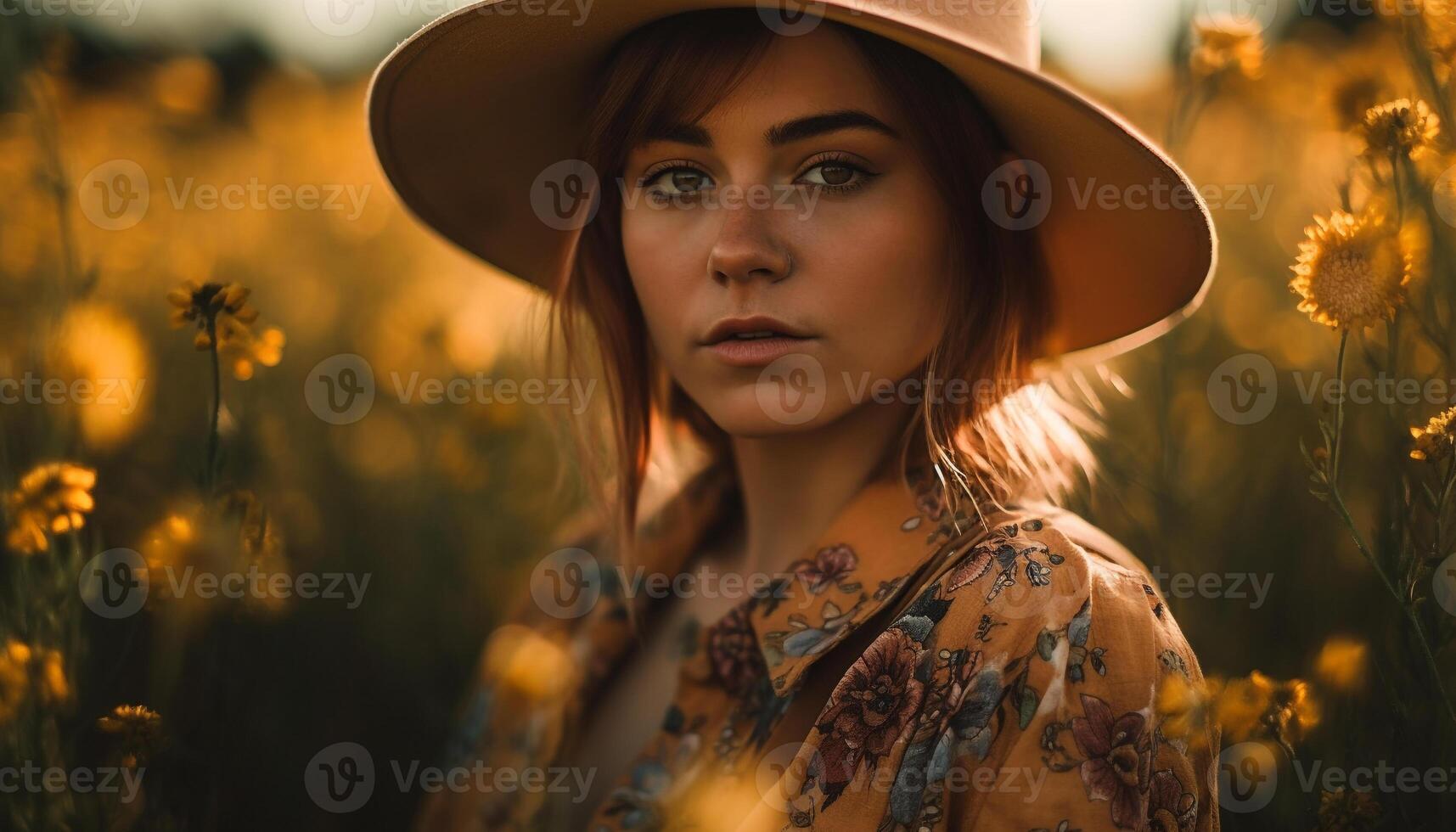 uno giovane donna, sorridente, godendo natura bellezza a tramonto generato di ai foto