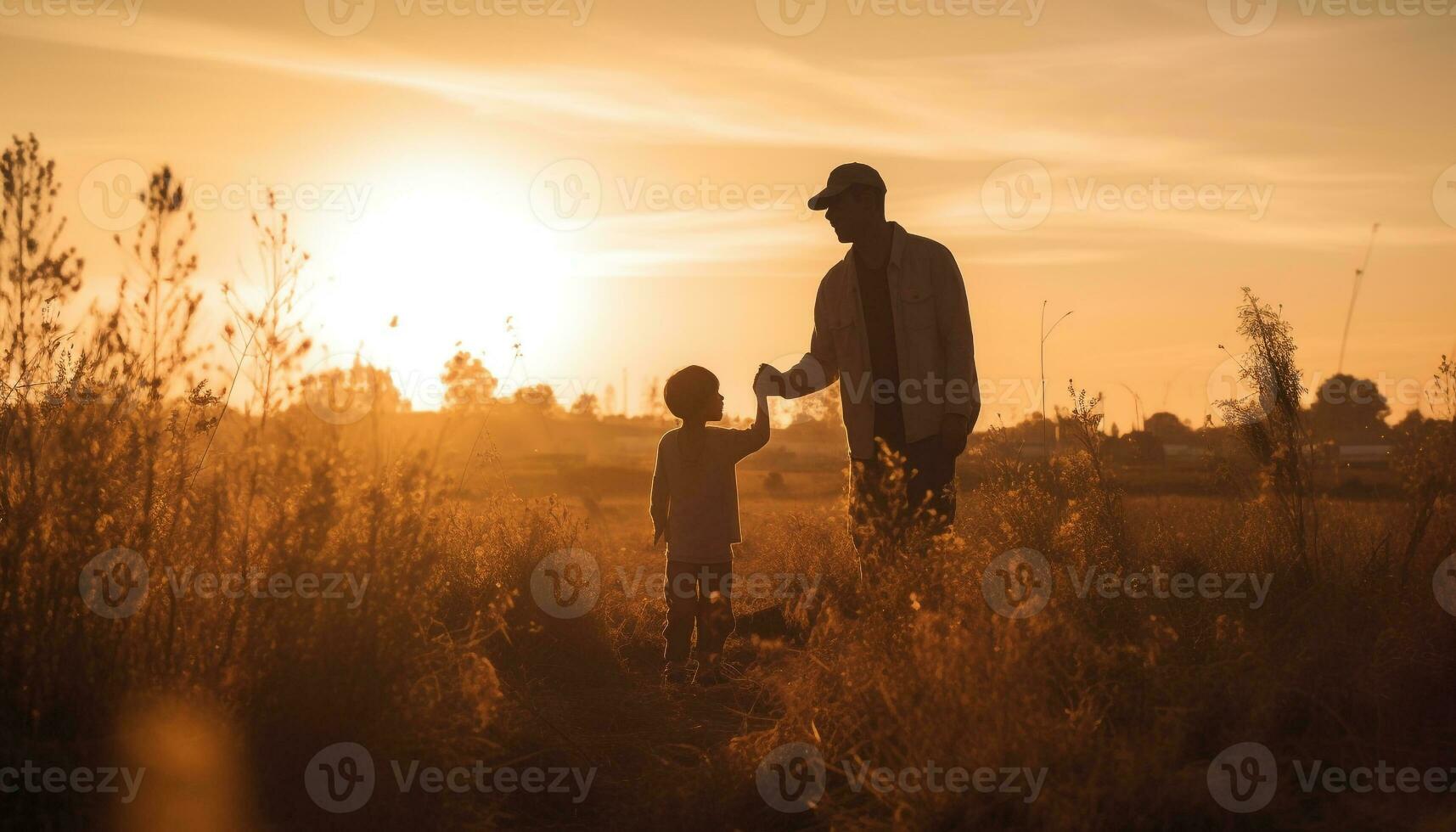 un' contento famiglia abbraccia nel il tramonto, godendo natura bellezza generato di ai foto