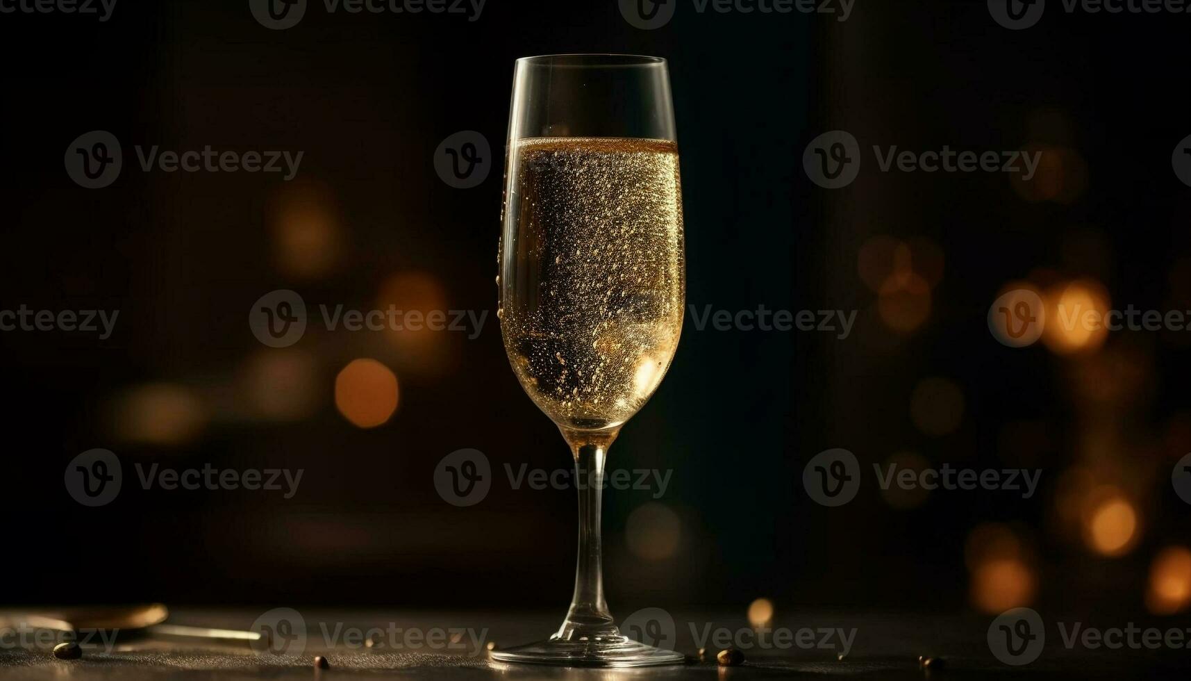 Champagne bottiglia riflette celebrazione nel elegante bar con cristallo bicchieri generato di ai foto