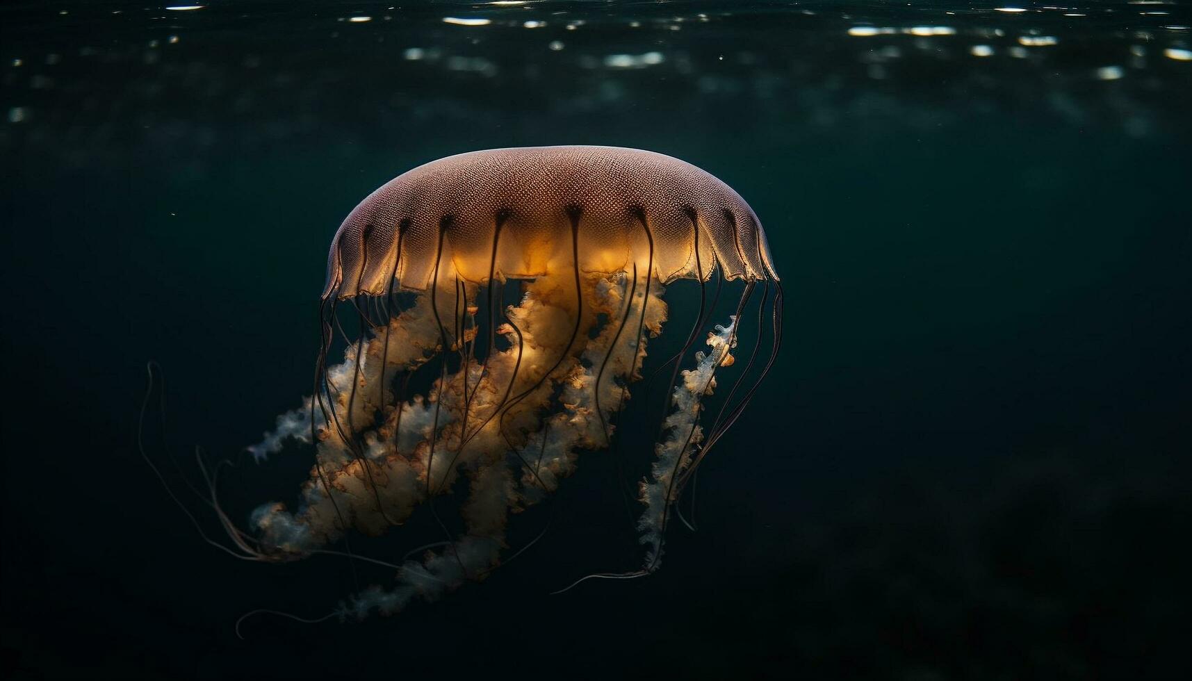 in profondità mare immersione rivela il bellezza e Pericolo di Luna Medusa generato di ai foto
