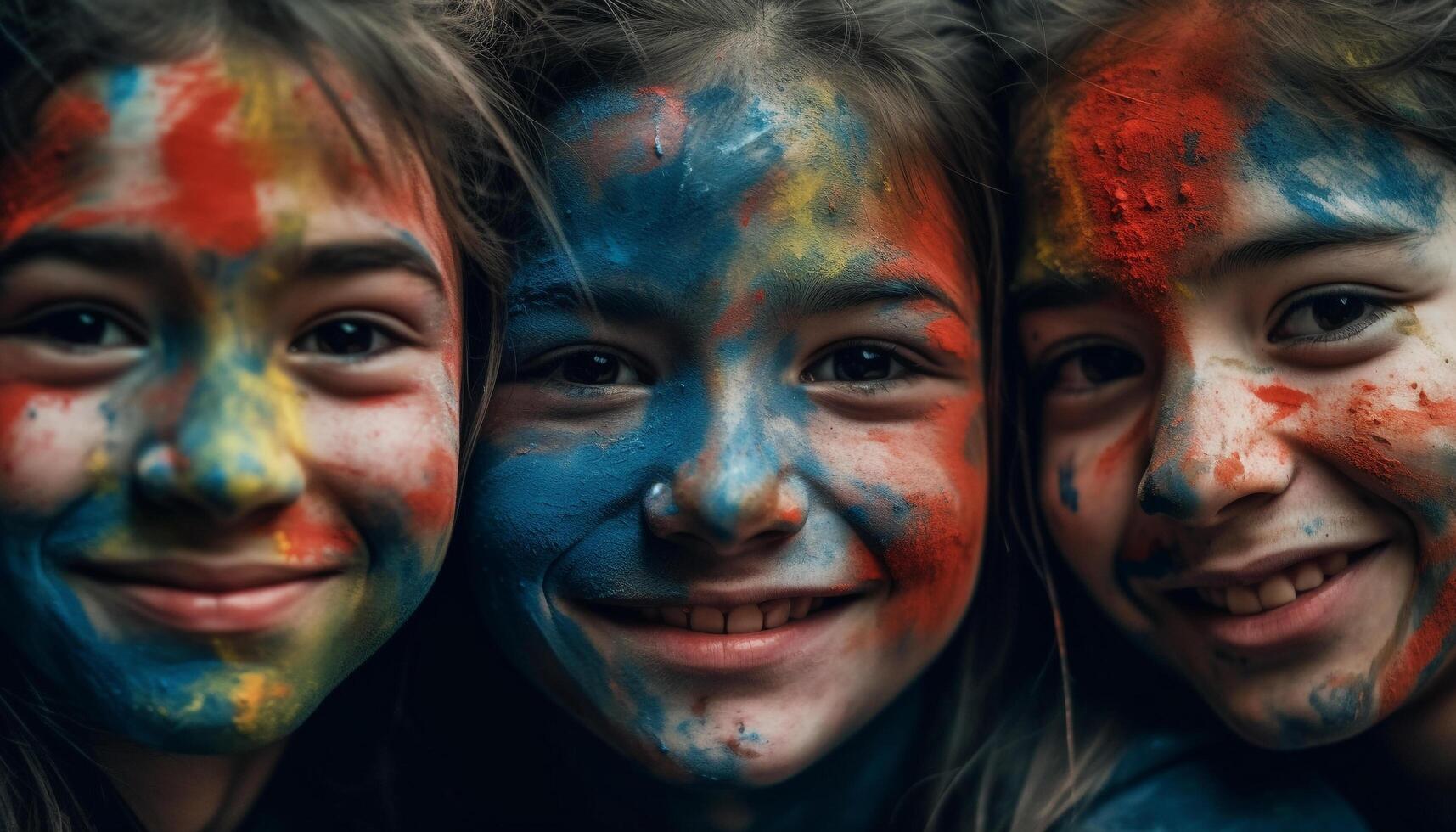 colorato infanzia celebrazione ragazzi e ragazze dipingere facce, sorridente insieme generato di ai foto