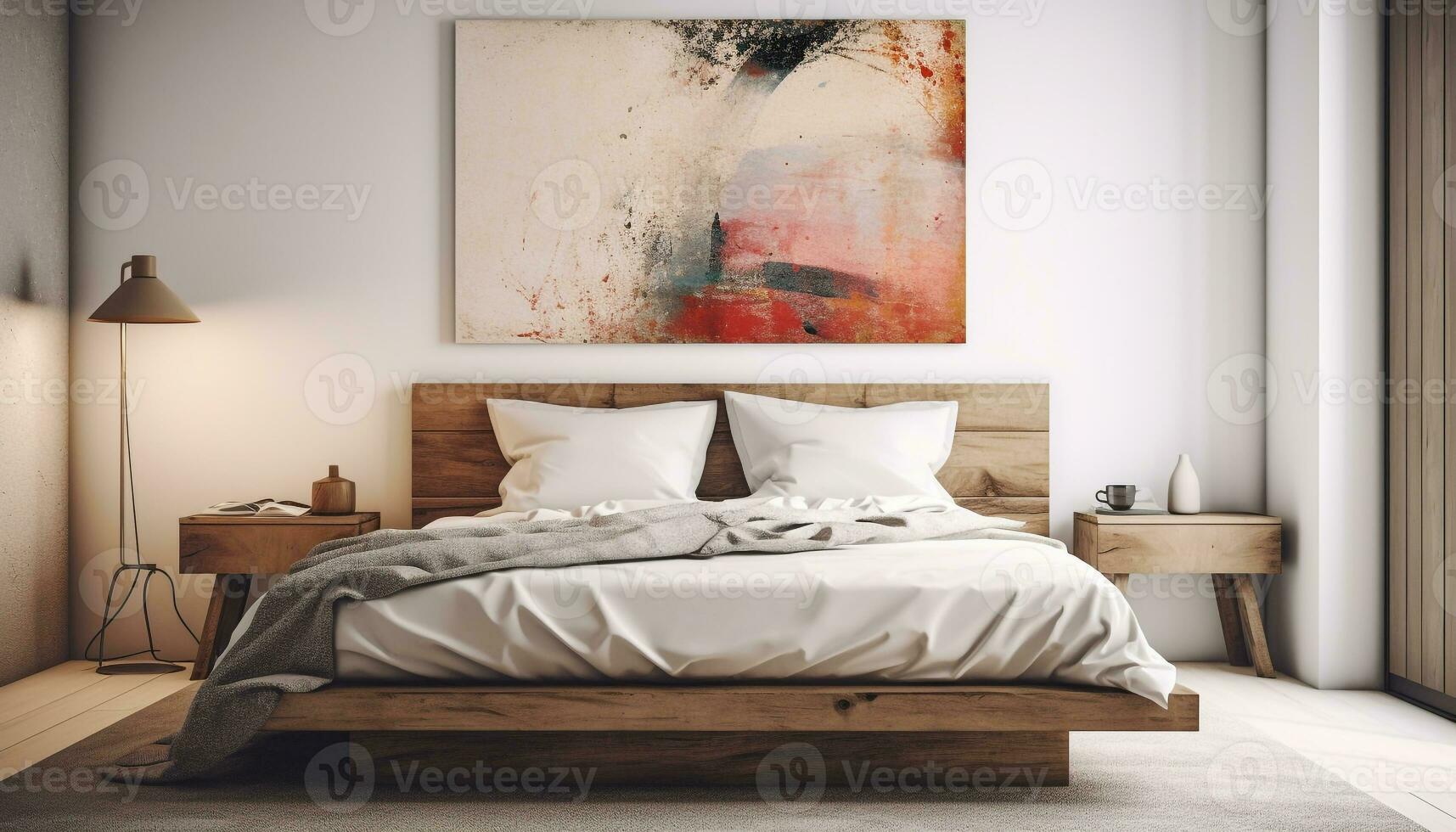 moderno Camera da letto design con confortevole biancheria da letto e elegante legna pavimentazione generato di ai foto