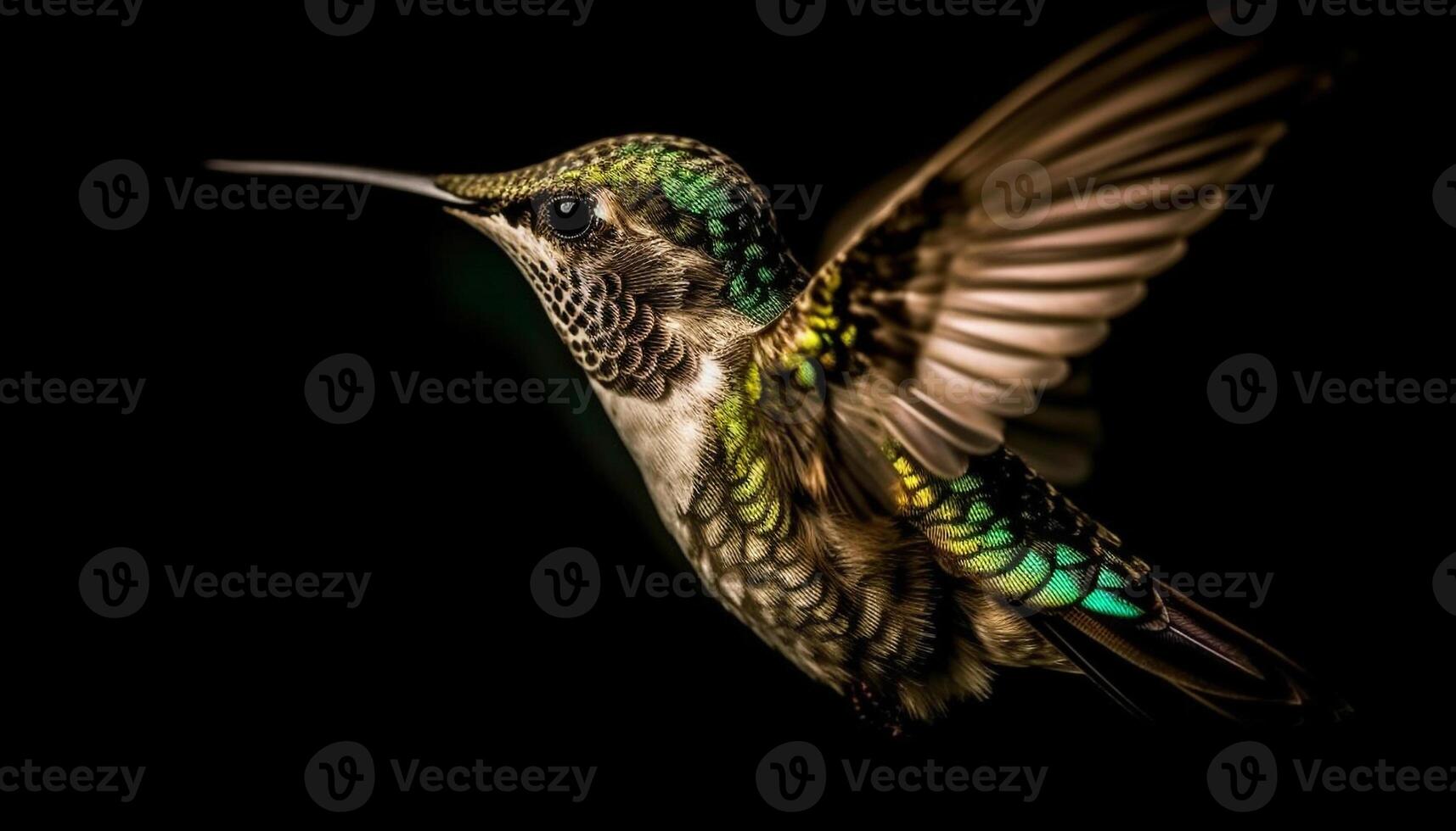 colibrì iridescente, Multi colorato piume diffusione come esso si libra medio aria generato di ai foto