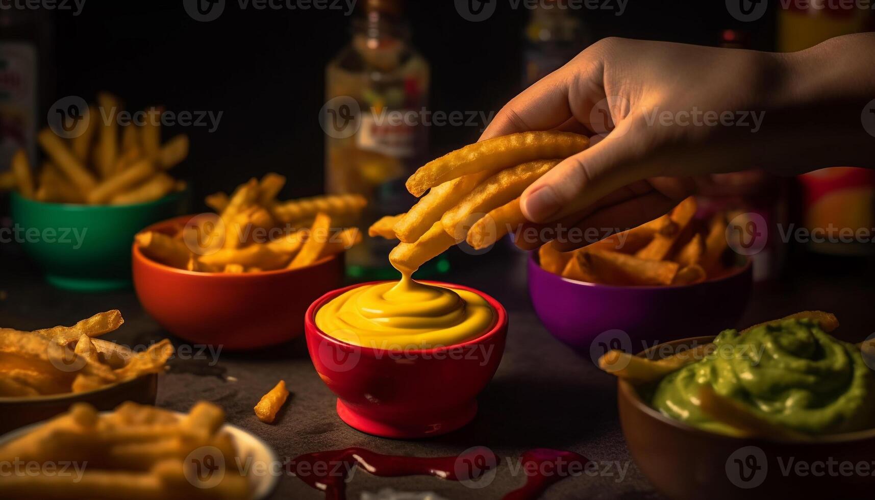 fatto a mano buongustaio guacamole tuffo con salato spezie e croccante patatine fritte generato di ai foto