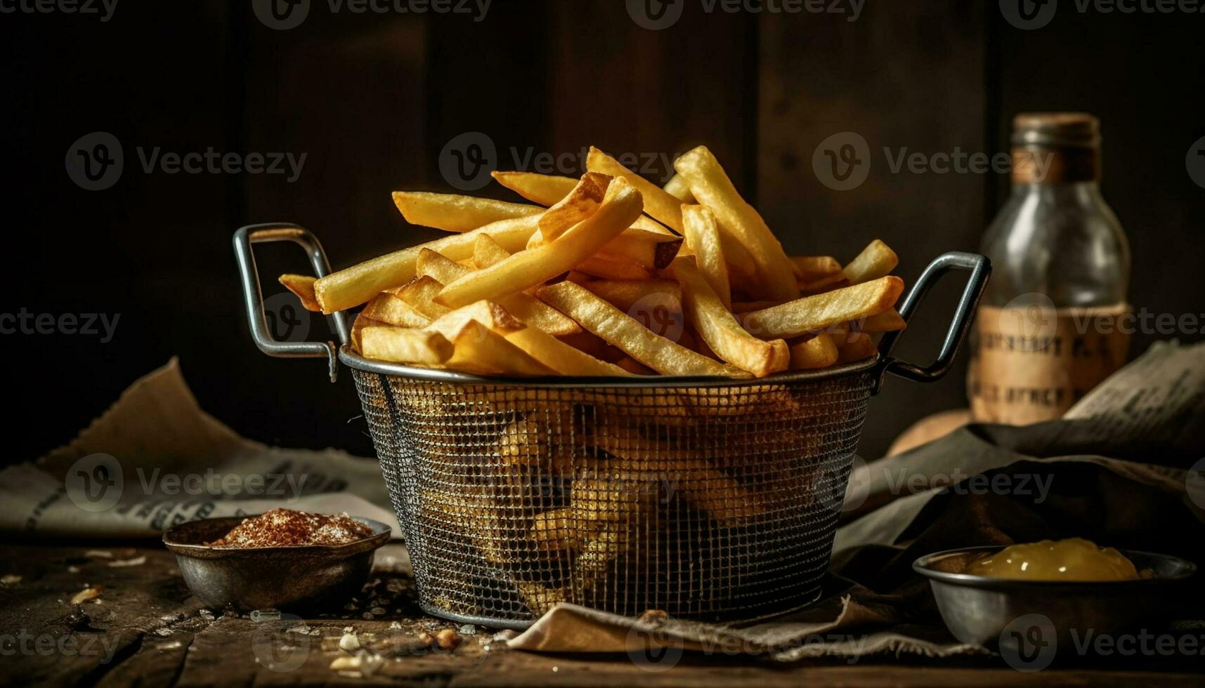 un' rustico cestino di buongustaio francese patatine fritte, malsano ma delizioso generato di ai foto