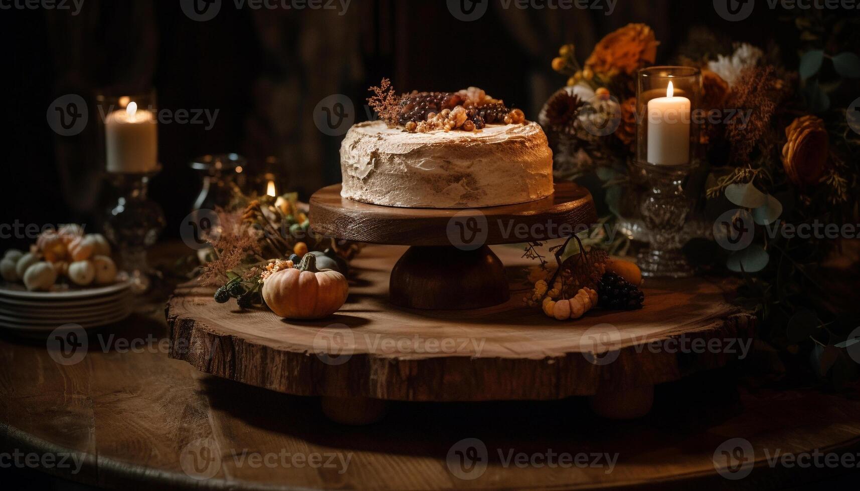 spaventoso notte, fatti in casa zucca torta, lume di candela, rustico arredamento, indulgenza generato di ai foto