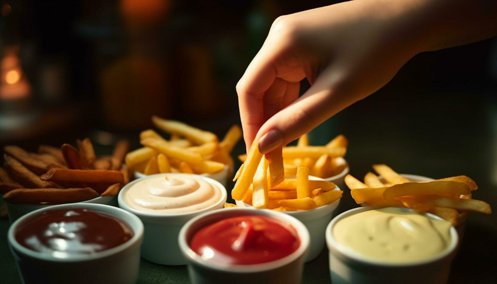 mano Tenere grigliato Manzo aperitivo con patatine fritte e ketchup tuffo generato di ai foto