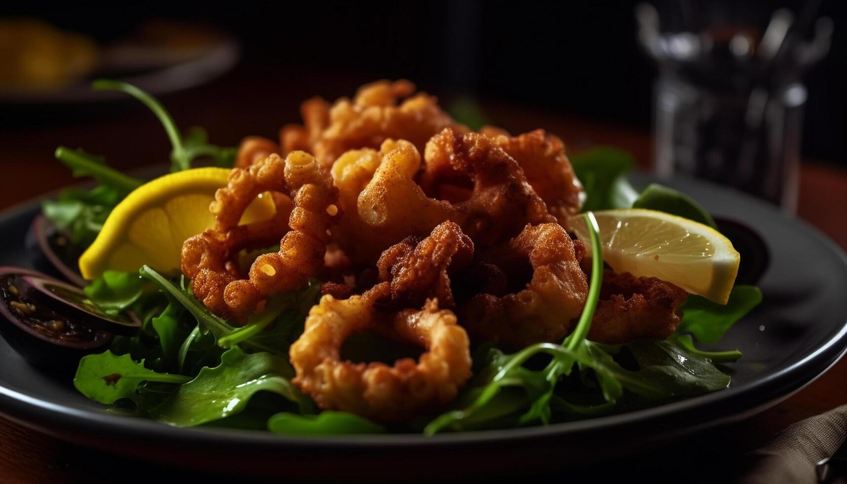 grigliato frutti di mare pasto con fresco insalata, Limone e gamberetto aperitivo generato di ai foto