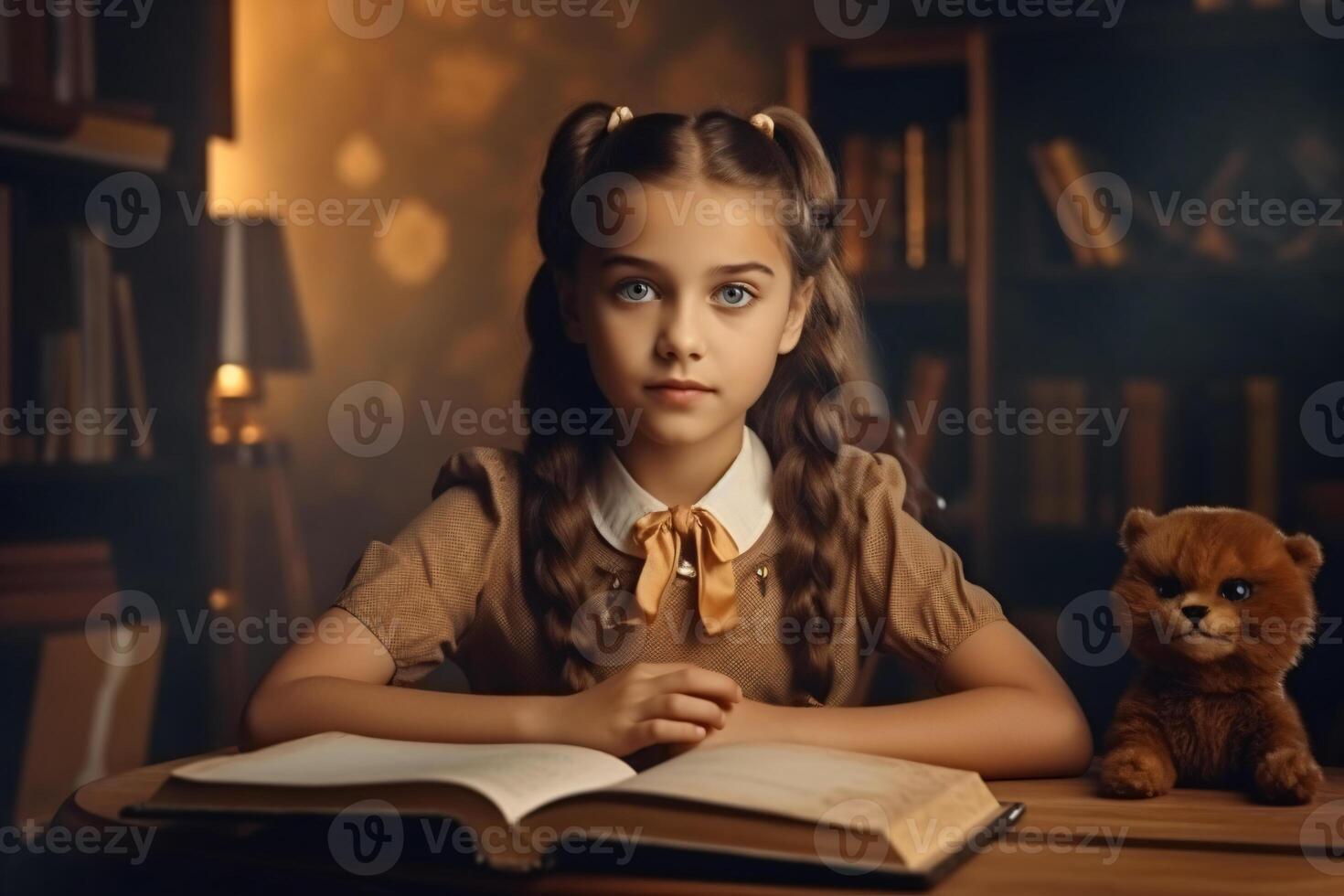 gratuito foto indietro per scuola. carino bambino scolara seduta a un' scrivania nel un' camera fatto con generativo ai