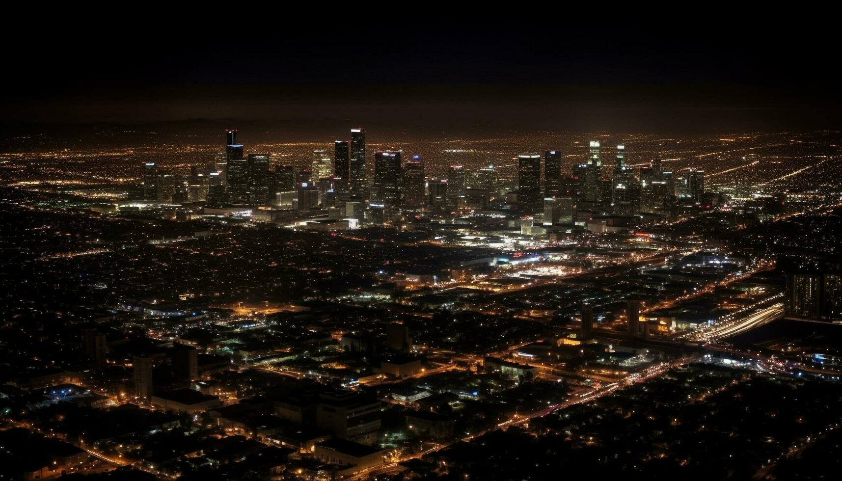 raggiante grattacieli illuminare il affollato città strade sotto generato di ai foto