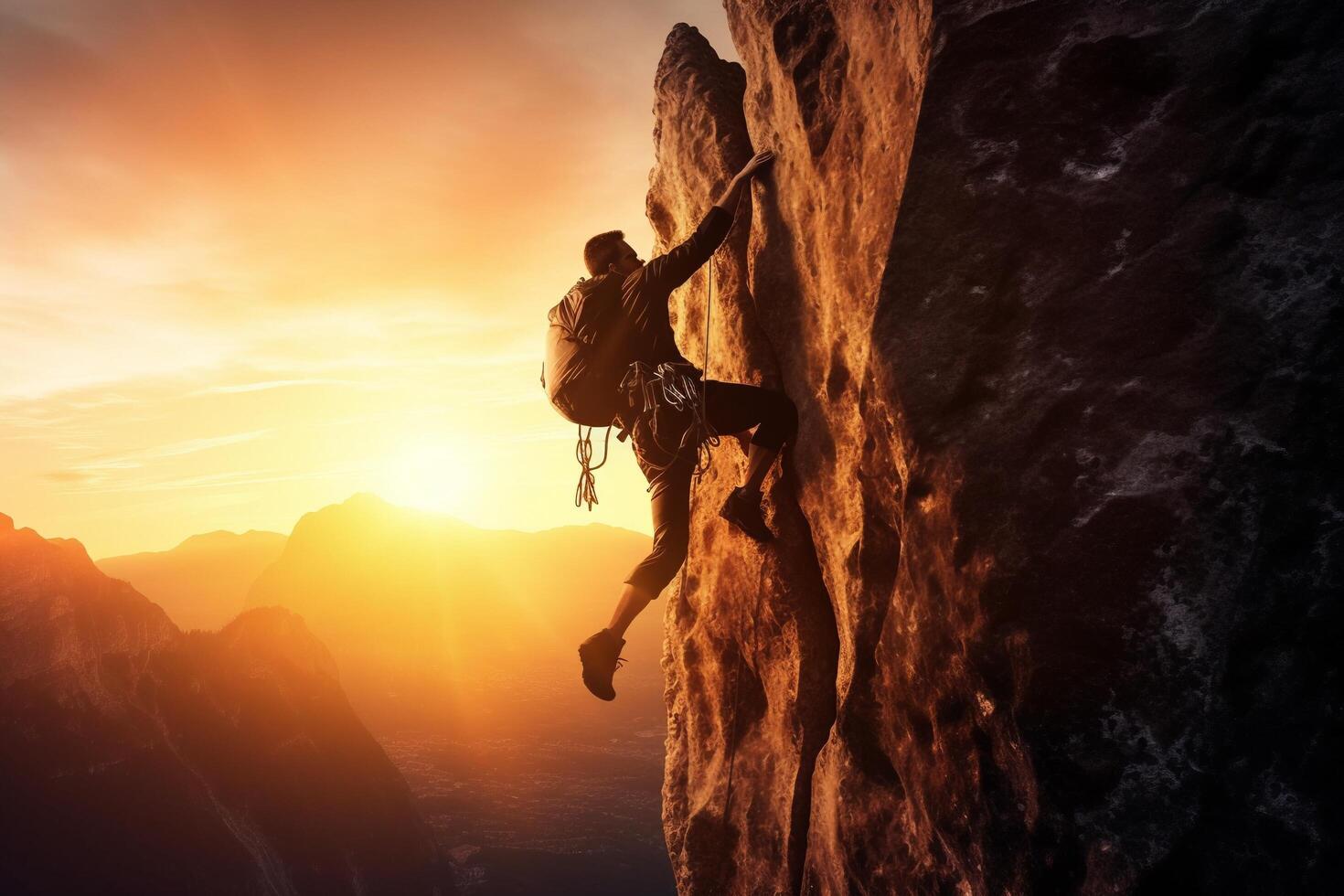silhouette di un' maschio scalatore arrampicata un' scogliera a tramonto con ai generato. foto