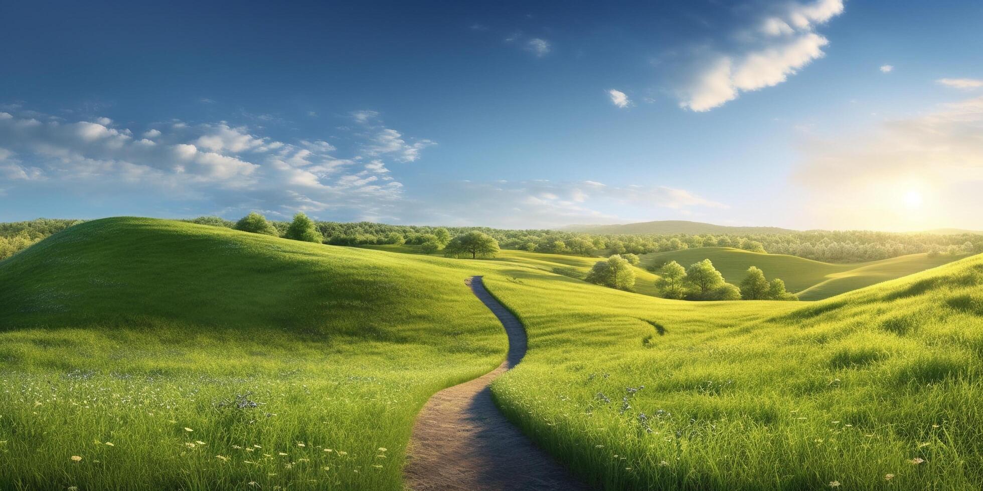 bellissimo estate paesaggio con verde prato e blu cielo con ai generato. foto