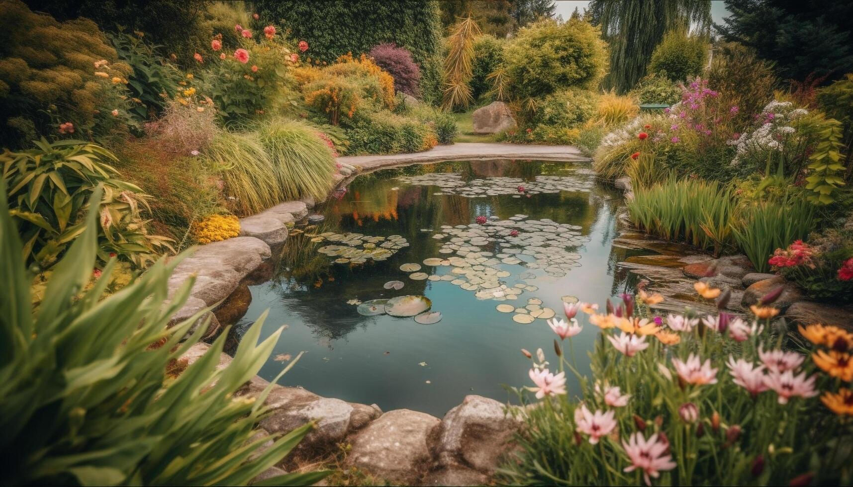 tranquillo stagno riflette singolo fiore nel natura generato di ai foto