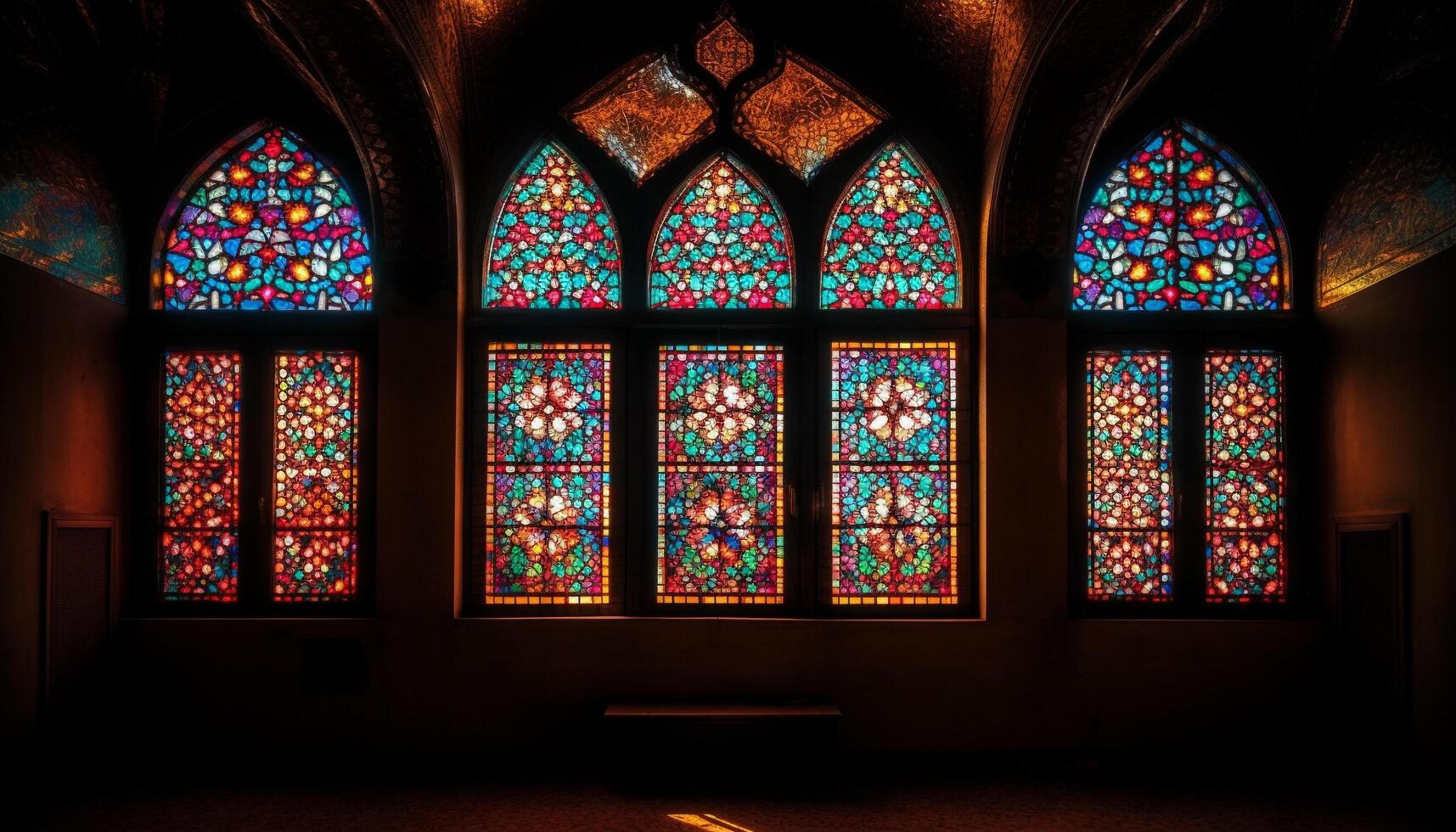 Multi colorato macchiato bicchiere si illumina antico Cattedrale spiritualità generato di ai foto