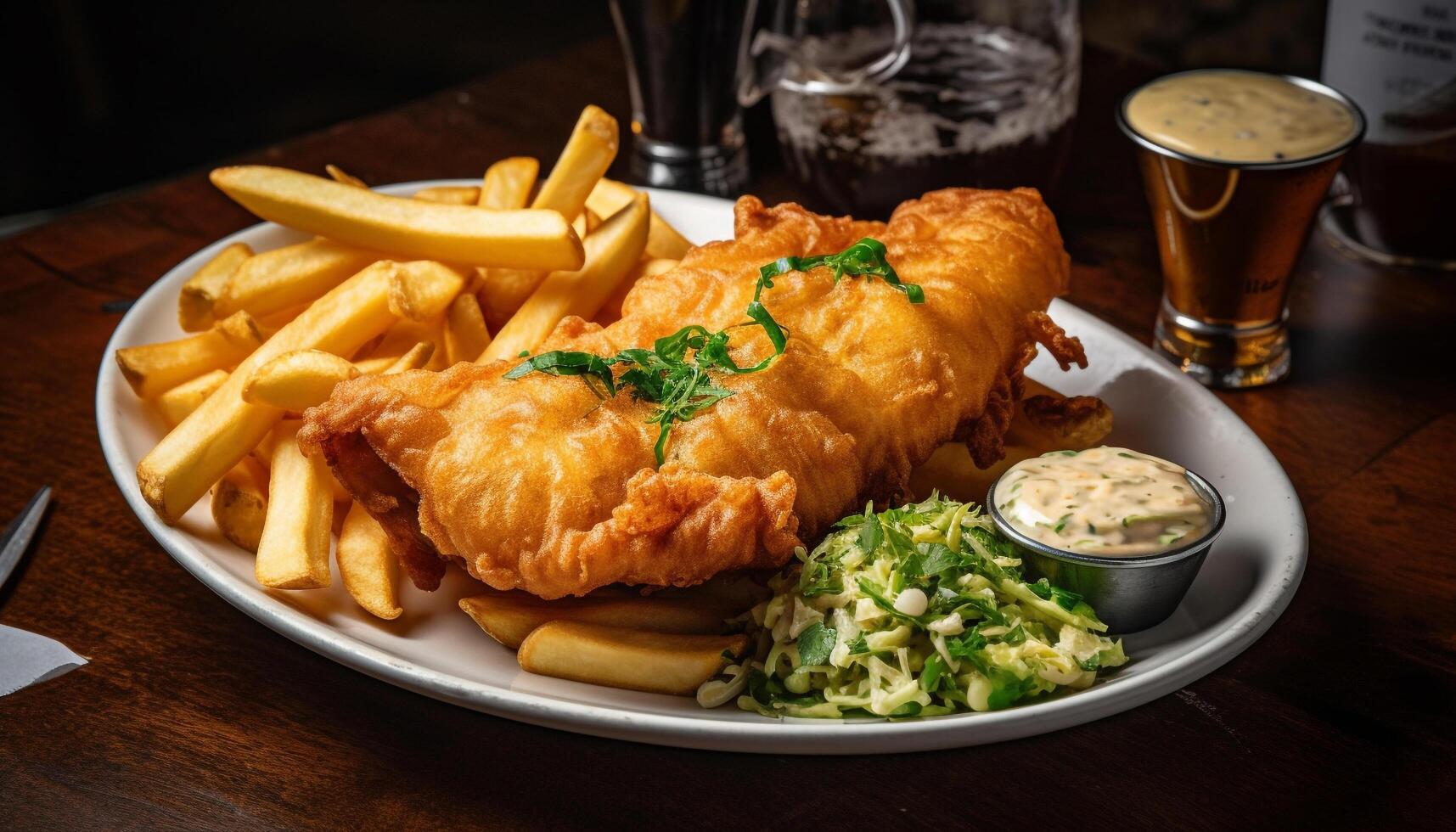 appena cucinato in profondità fritte pesce e patatine fritte generato di ai foto