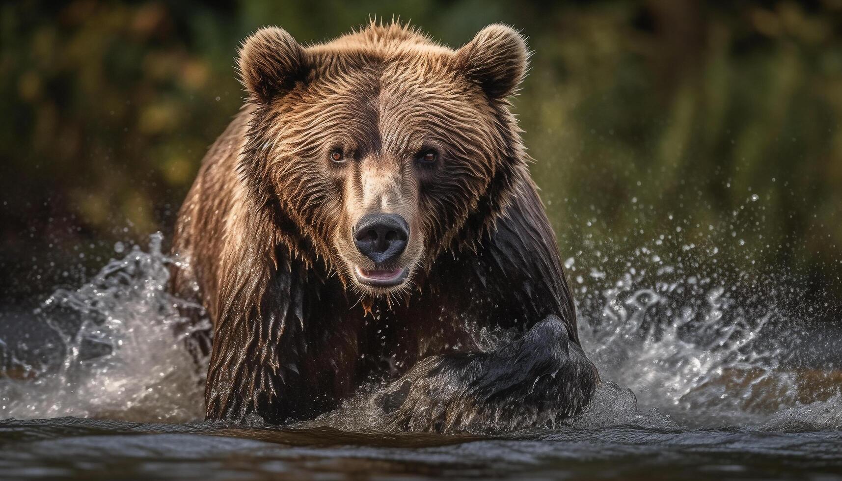 maestoso grizzly orso spruzzi nel blu stagno generato di ai foto