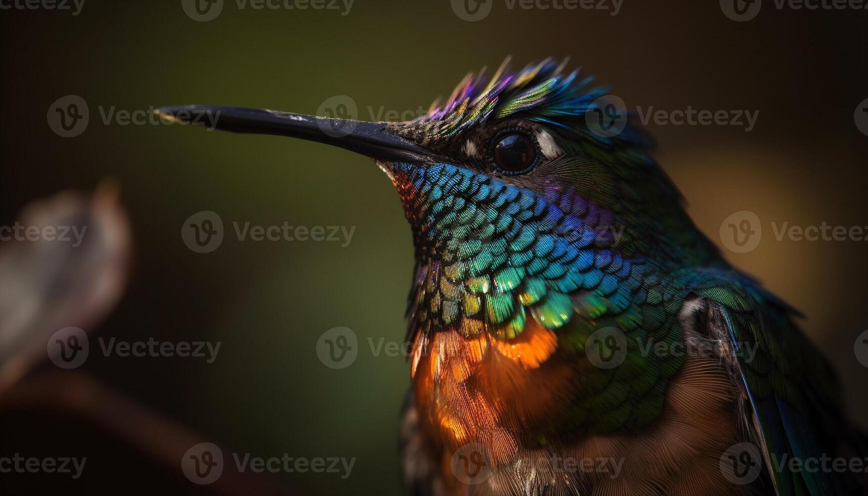 iridescente colibrì perching su Multi colorato ramo generato di ai foto