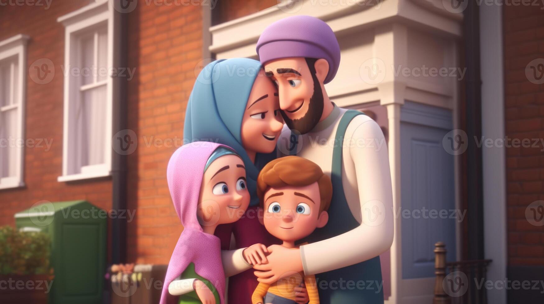 adorabile disney stile avatar di tradizionale abbigliamento Britannico musulmano famiglia insieme. eid mubarak concetto, generativo ai. foto