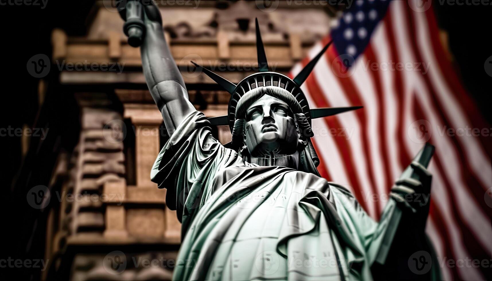 il statua di libertà e il americano bandiera siamo simboli di la libertà e democrazia - generativo ai foto
