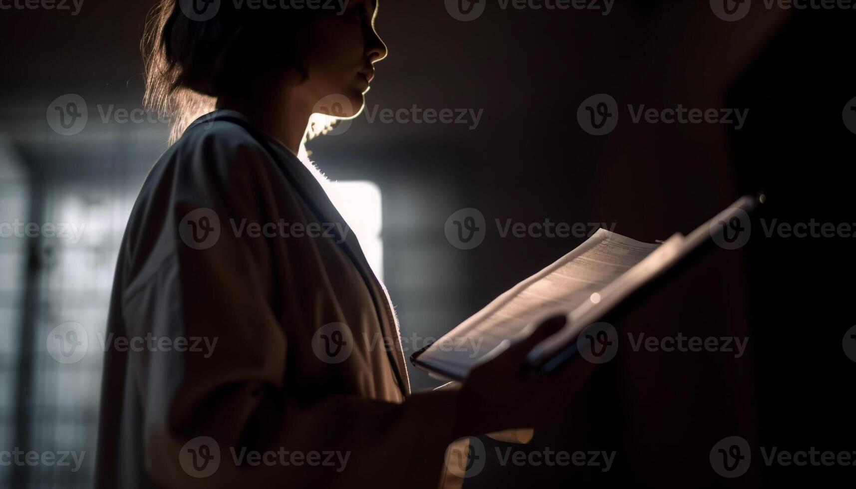 giovane donna lettura il Bibbia di finestra leggero generato di ai foto