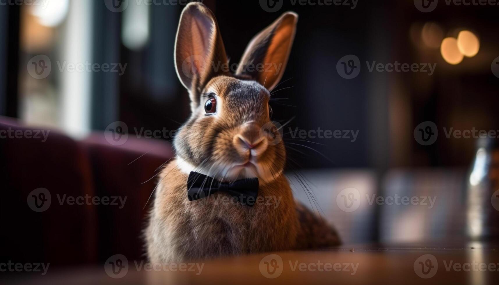 soffice bambino coniglio con affascinante arco cravatta generato di ai foto