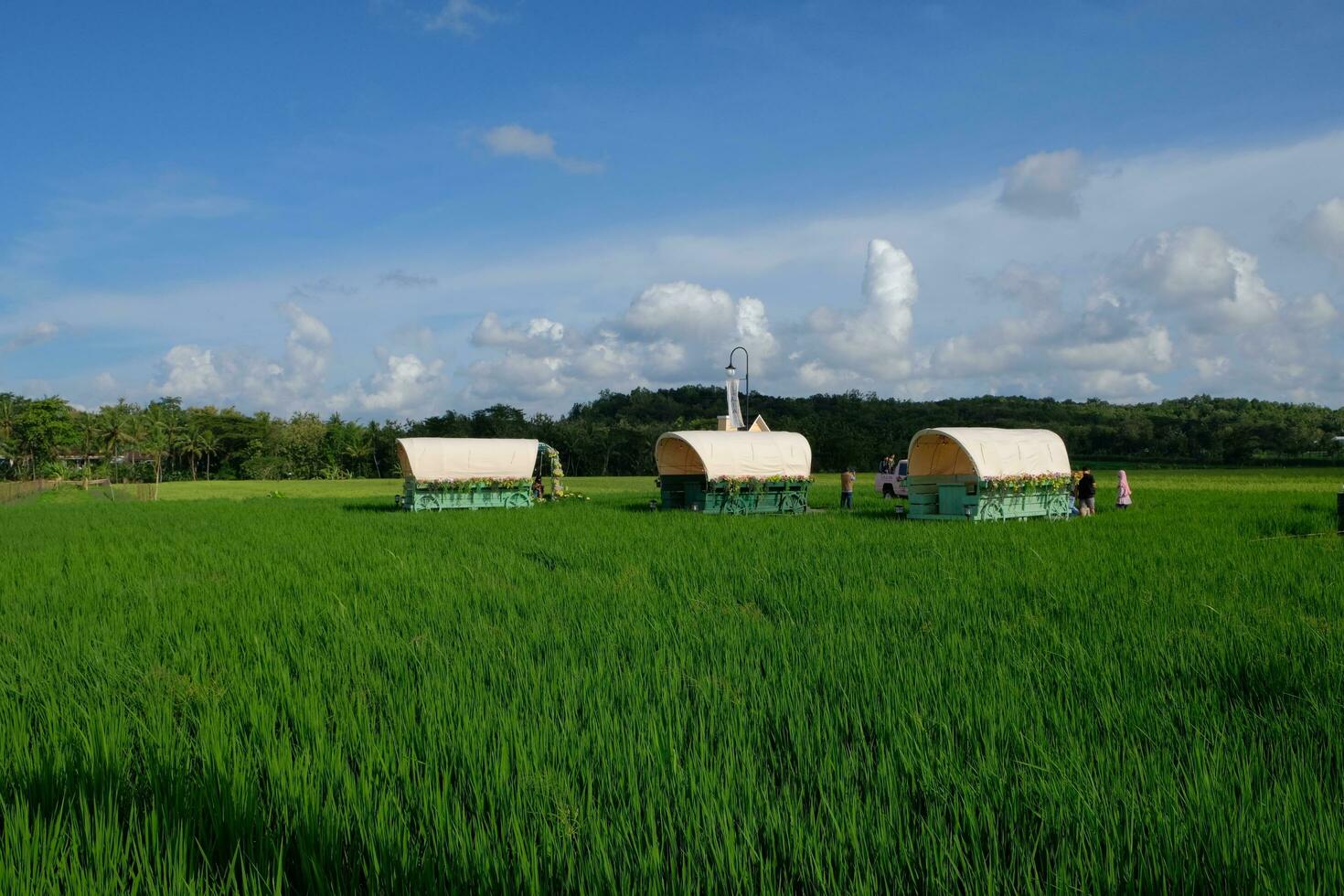 bellissimo rurale paesaggio con verde pascoli, raccolti, e un' nuvoloso cielo. foto