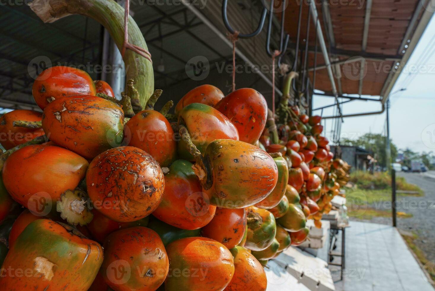 tropicale fresco pejibaye frutta sospeso nel Schermo su Souvenirs In piedi a mercato foto