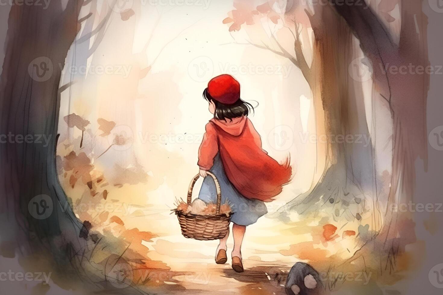ai generato immagine di poco rosso equitazione cappuccio, fiaba personaggio a piedi nel il foresta con cestino nel sua mano foto