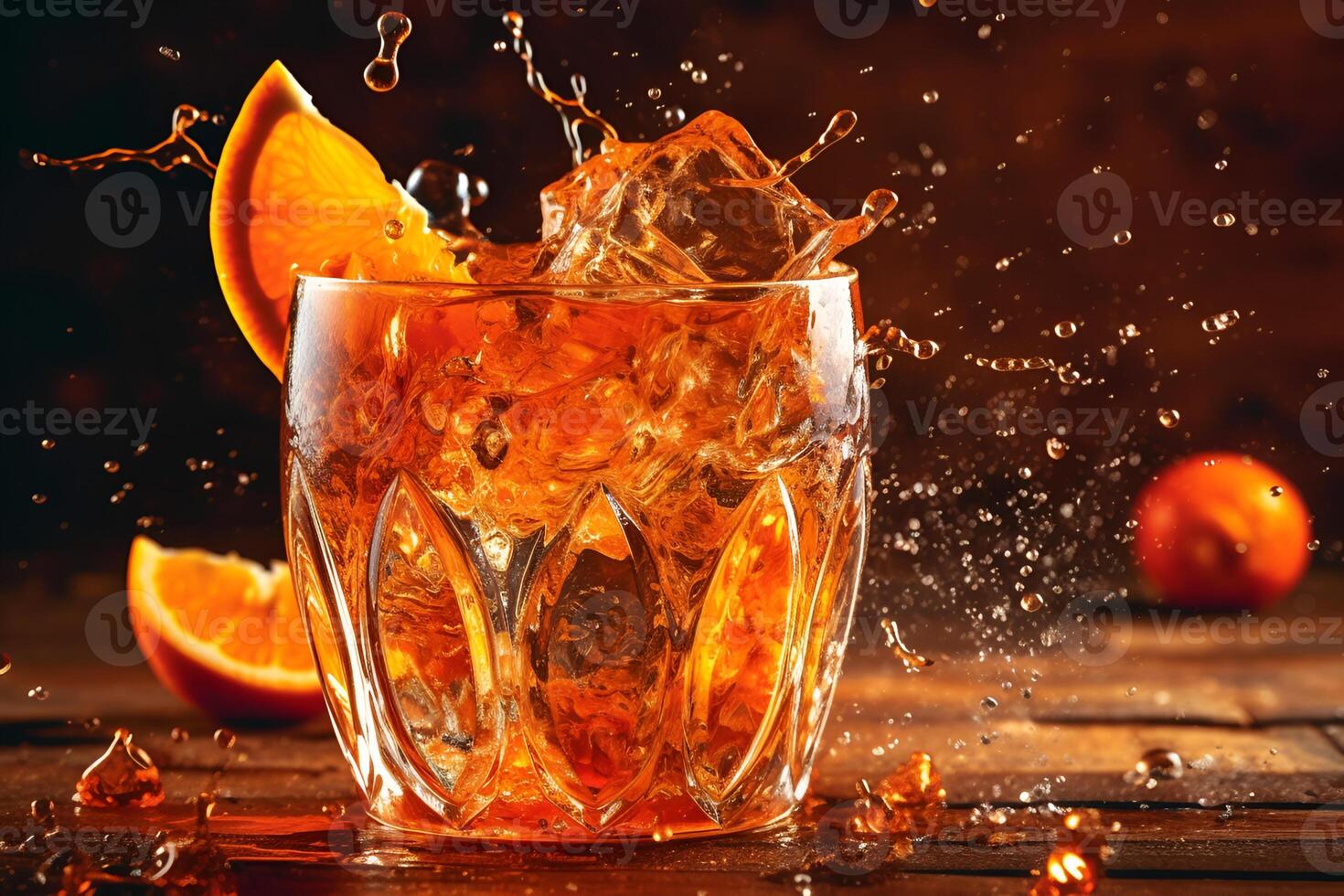 ai generato bicchiere di fresco aperol spritz su di legno tavolo a bar e spiaggia foto