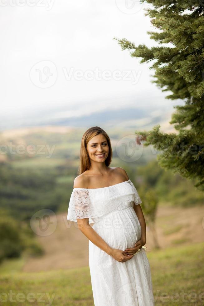 giovane donna incinta al campo foto