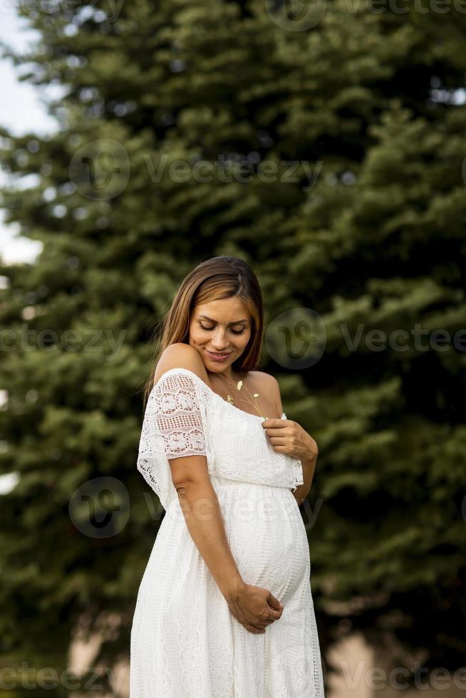 giovane donna incinta nella foresta foto