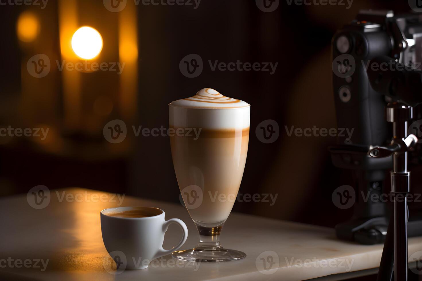 un' latte macchiato con al vapore latte e un' piccolo quantità di schiuma su superiore. generativo ai. foto