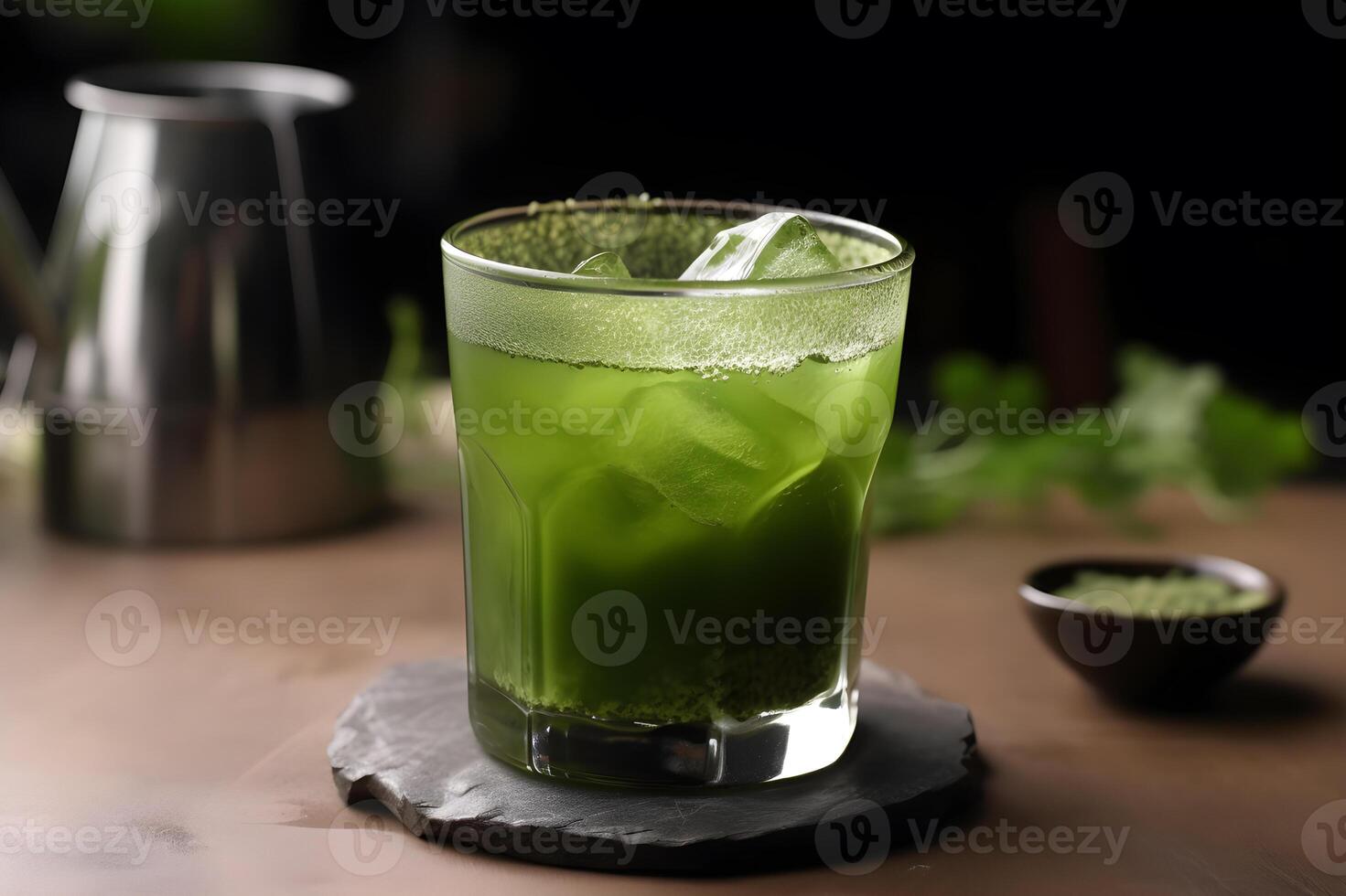 matcha verde tè con un ghiaccio cubo nel un' bicchiere. vicino su. generativo ai. foto