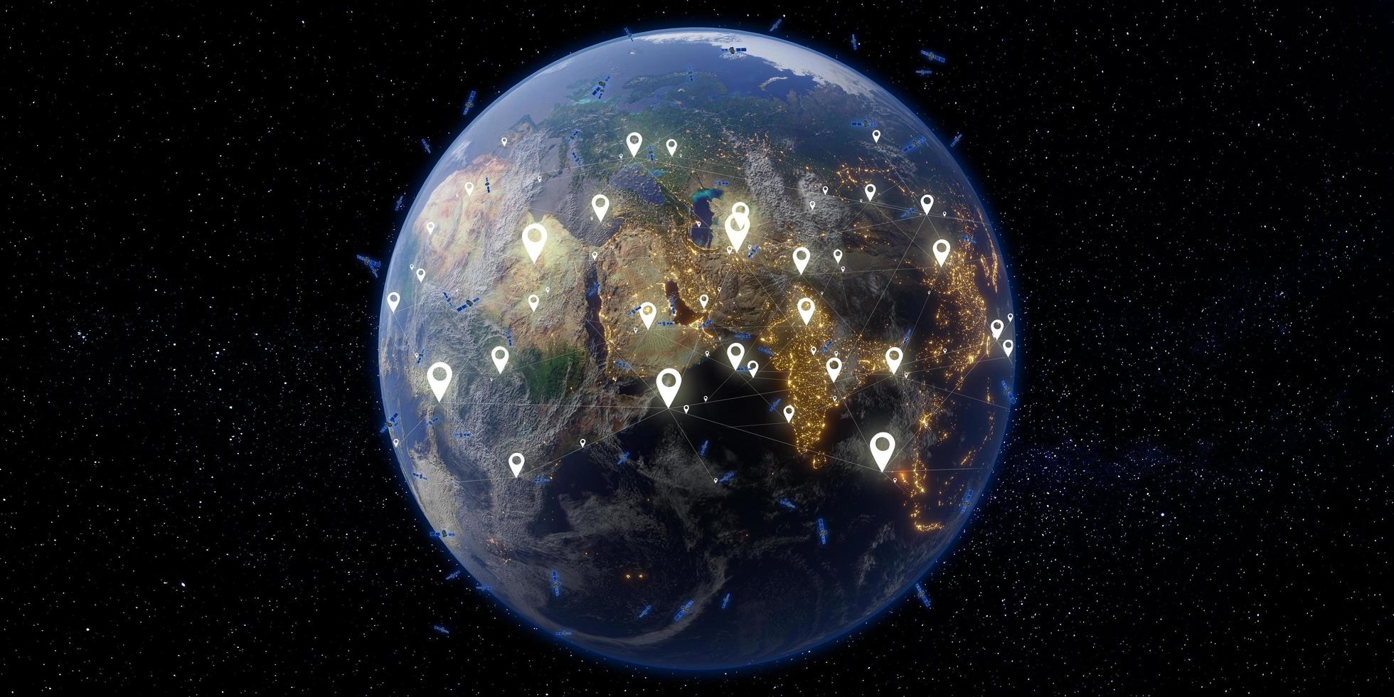 satellite e concetto di comunicazione della terra e dello spazio sullo sfondo, 3d'illustrazione foto