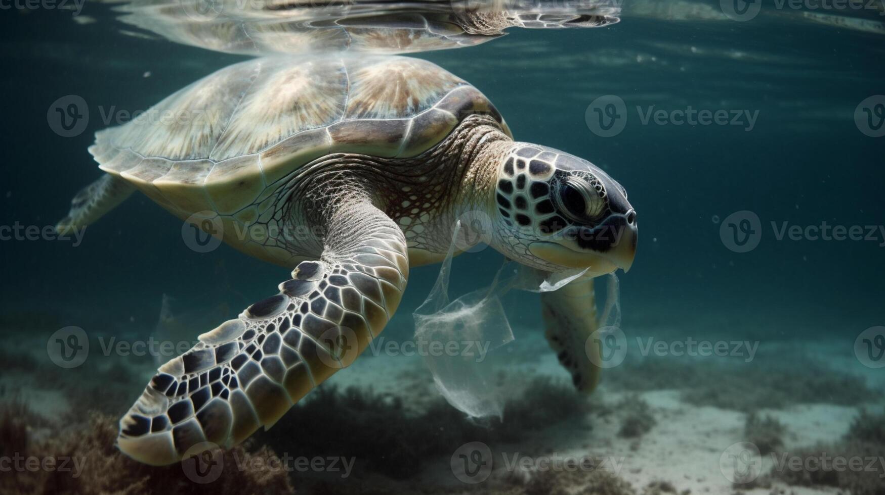 mare tartaruga mangiare plastica sotto il mare ai generato foto