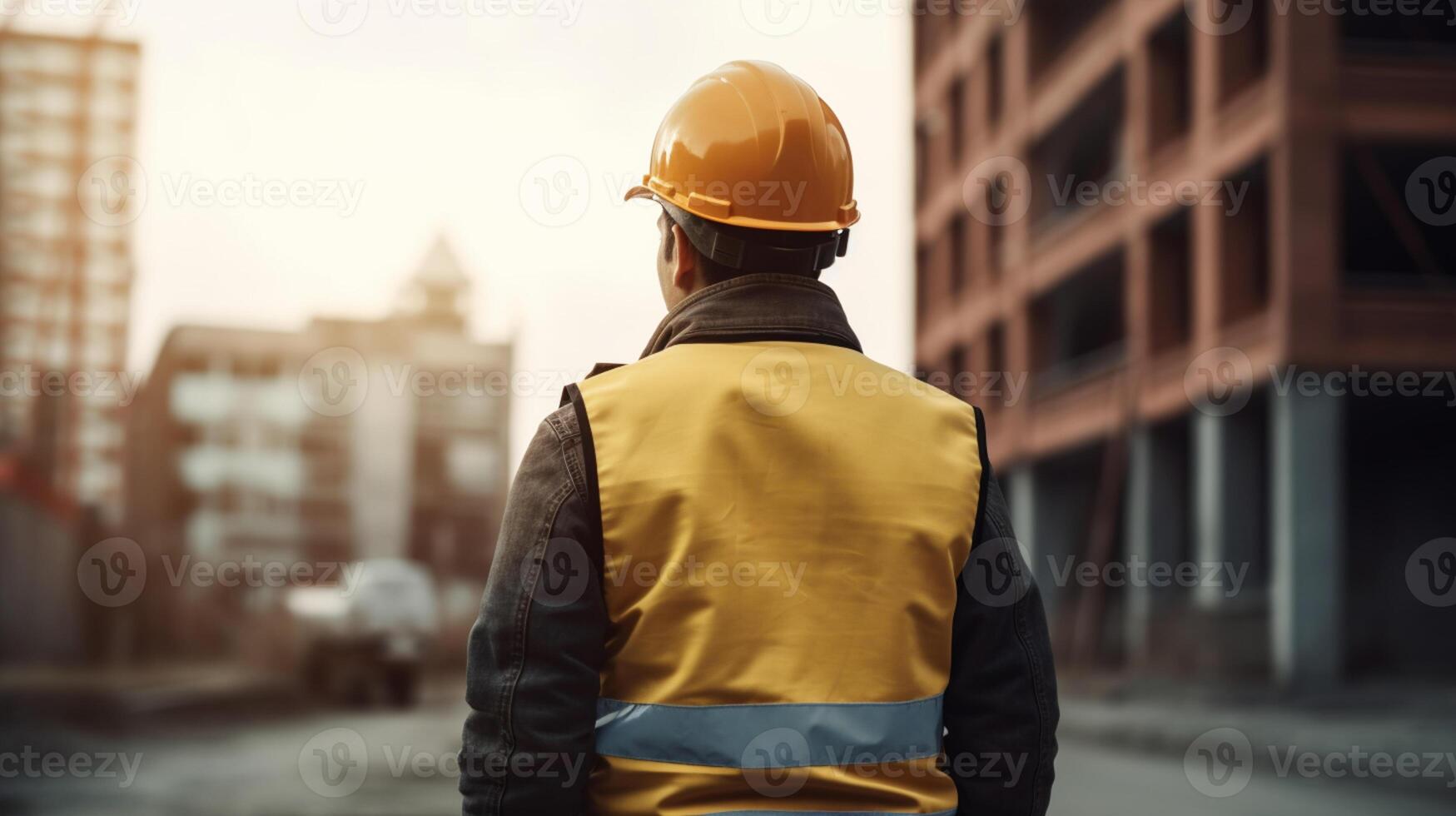 costruzione sicurezza primo, lavoratore con difficile cappello ai generato foto