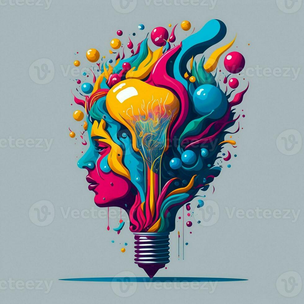 un' persona con un' colorato 3d illustrazione che rappresentano un' creativo mente, colorato spruzzo lampadina foto