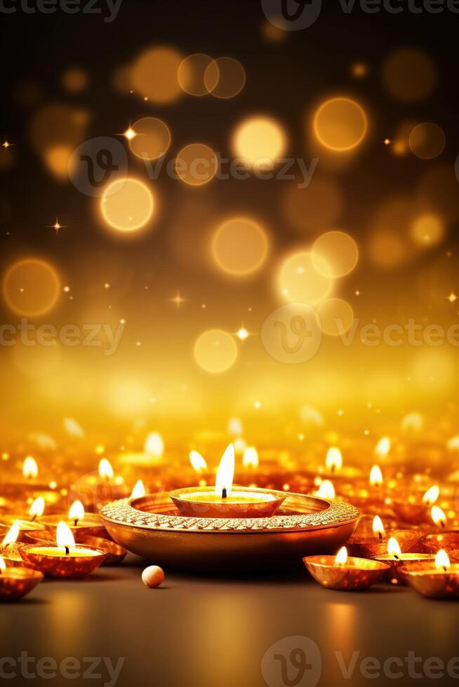 illustrazione di Diwali Festival diya lampada con rangoli a il parte inferiore. ai generato. foto