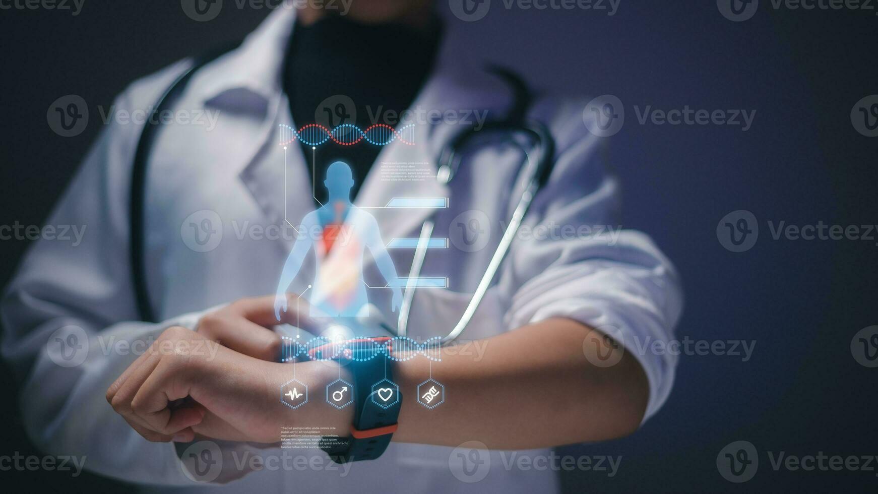 medicina medico. dna. digitale assistenza sanitaria e Rete connessione su ologramma interfaccia, scienza e innovativo, medico tecnologia e Rete concetto foto