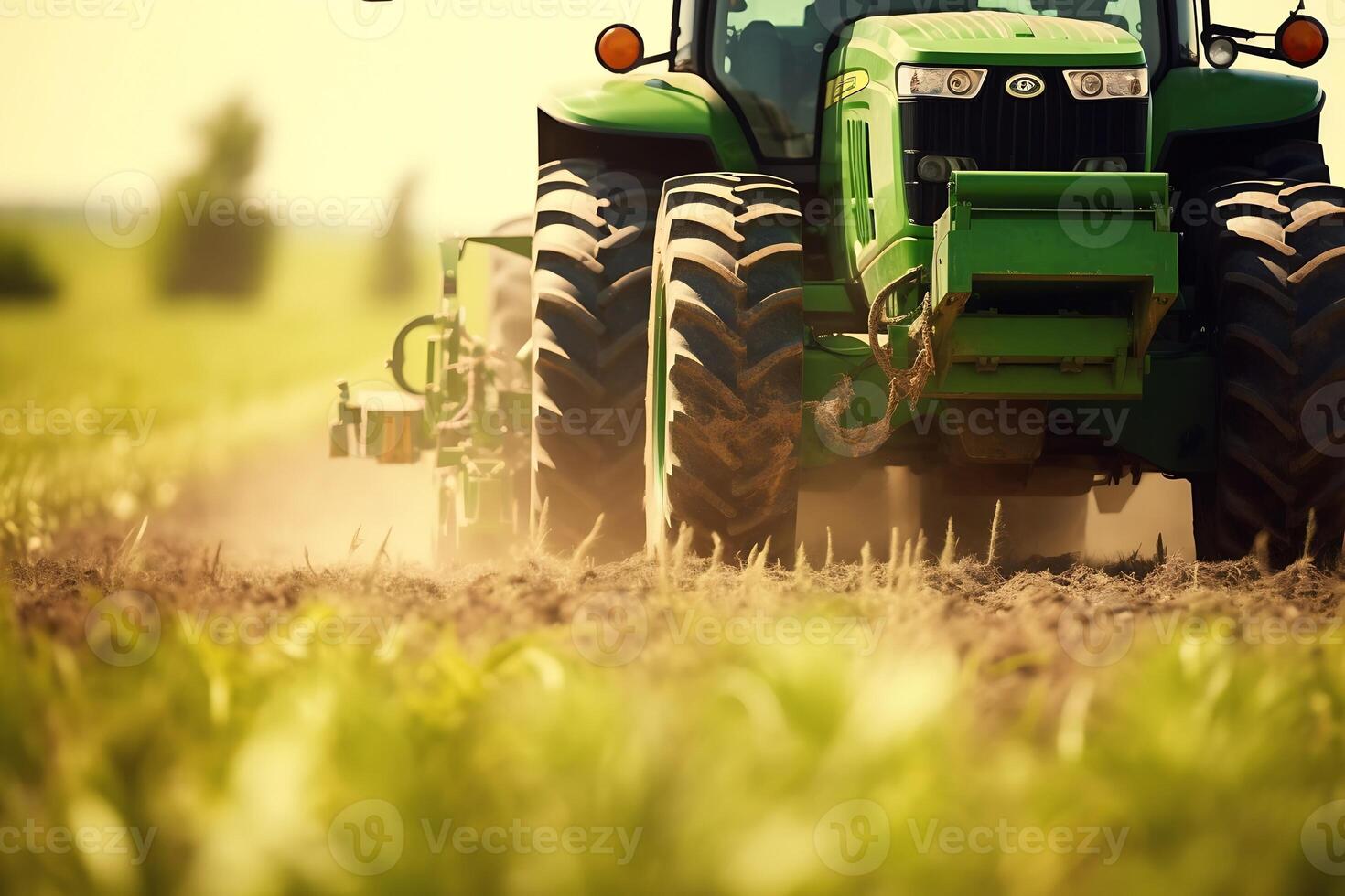 ai generato. potente verde trattore e combinatore nel campo. trend su shutterstock. pesante grano, macchinari, e fili. valorizzare agricoltura efficienza. rurale raccolta a suo più bello. foto